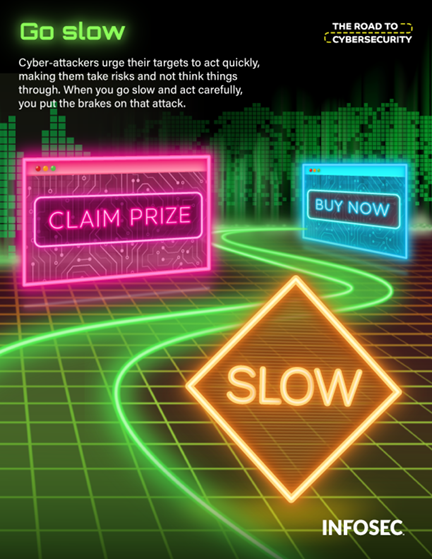 Security awareness poster titled 'Go slow' showing a neon-lit digital highway with three signs: a pink 'CLAIM PRIZE' button, blue 'BUY NOW' button, and yellow 'SLOW' warning sign. Text explains cyber-attackers urge quick action to cause mistakes, and slowing down puts the brakes on attacks