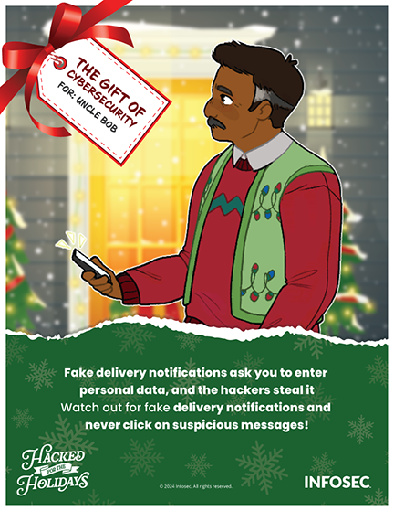 Holiday-themed security awareness poster showing an illustrated person in an ugly Christmas sweater holding a phone with a suspicious delivery notification gift tag. Warning text advises to watch out for fake delivery notifications that ask for personal data and never click on suspicious messages