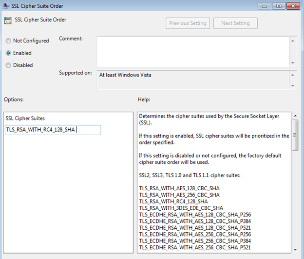 Cipher suite order configuration for BEAST mitigation