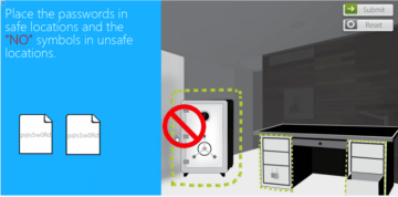 Floor safe and desk depicting where it is and is not safe to store passwords.