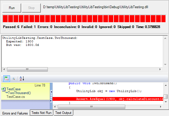 Figure 1.6 NUnit Detailed Test Report with Error
